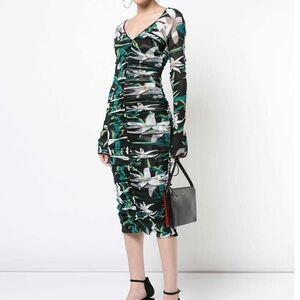 DVF Diane Von Furstenberg Mesh Overlay Ruched Midi Dress 8 bodycon floral Vneck